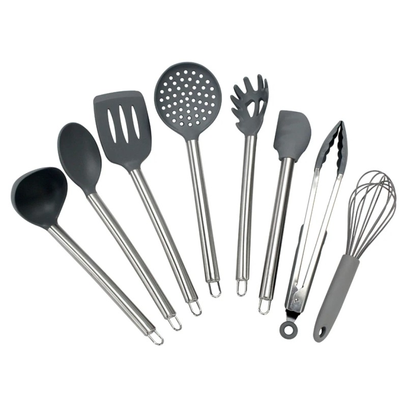 JOGO 8 UTENSILIOS EASY SILICONE C/HASTES INOX DYNASTY CINZA *28198